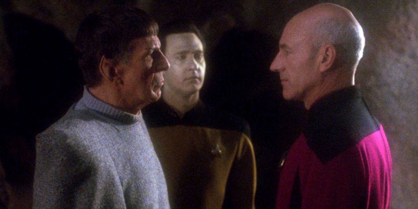Spock and Picard look at each other in Star Trek TNG