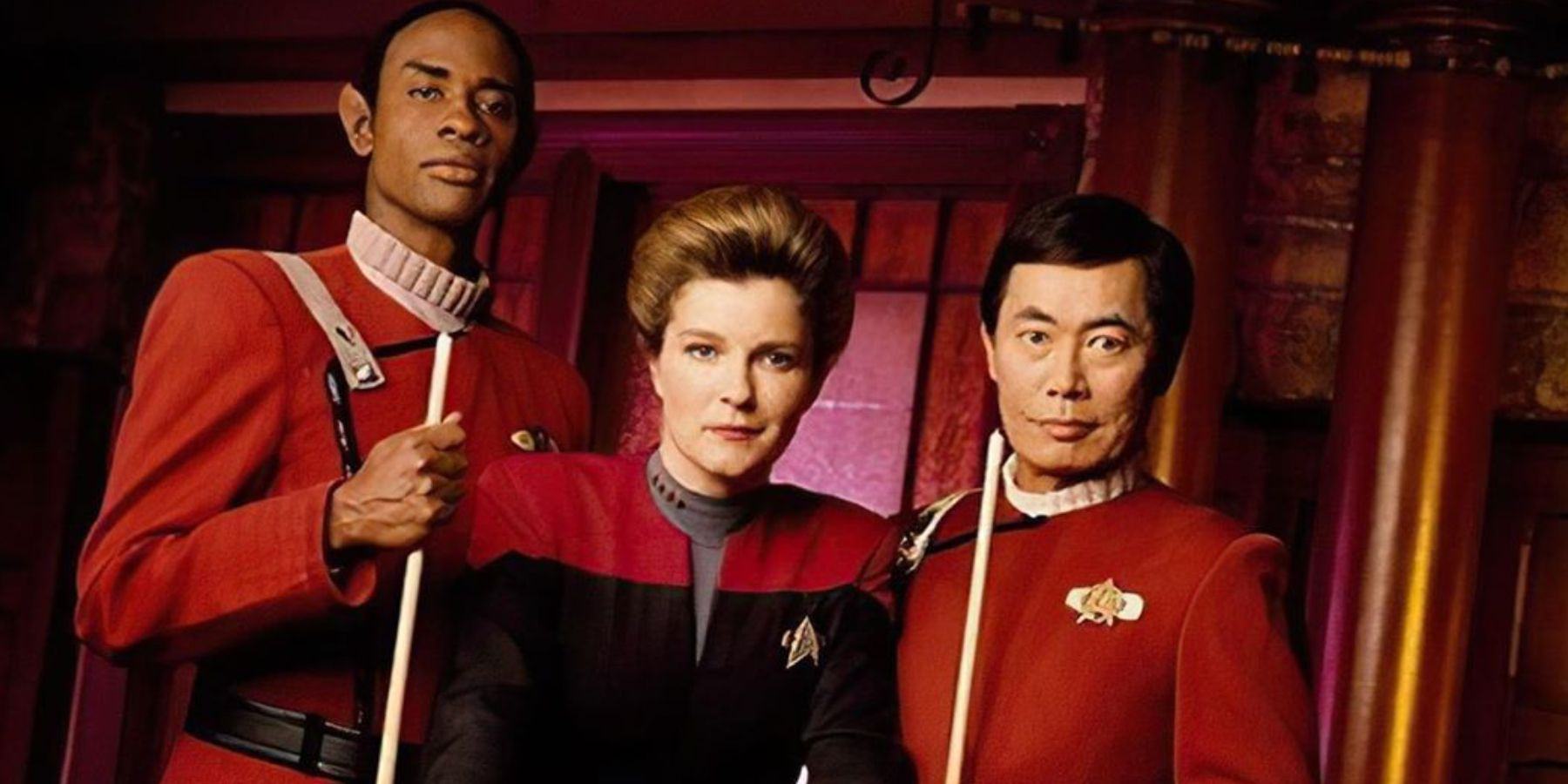 Tim Russ, Kate Mulgrew and George Takei play Tuvok, Janeway and Sulu in 'Star Trek'