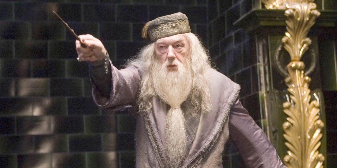 Dumbledore raises his wand in Harry Potter and the Order of the Phoenix.