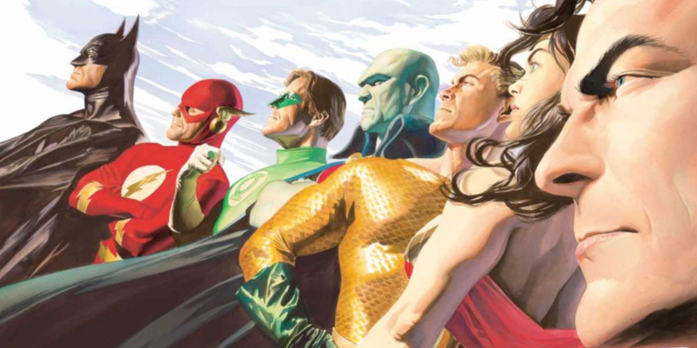 Key members of the Justice League line up in Liberty and Justice.