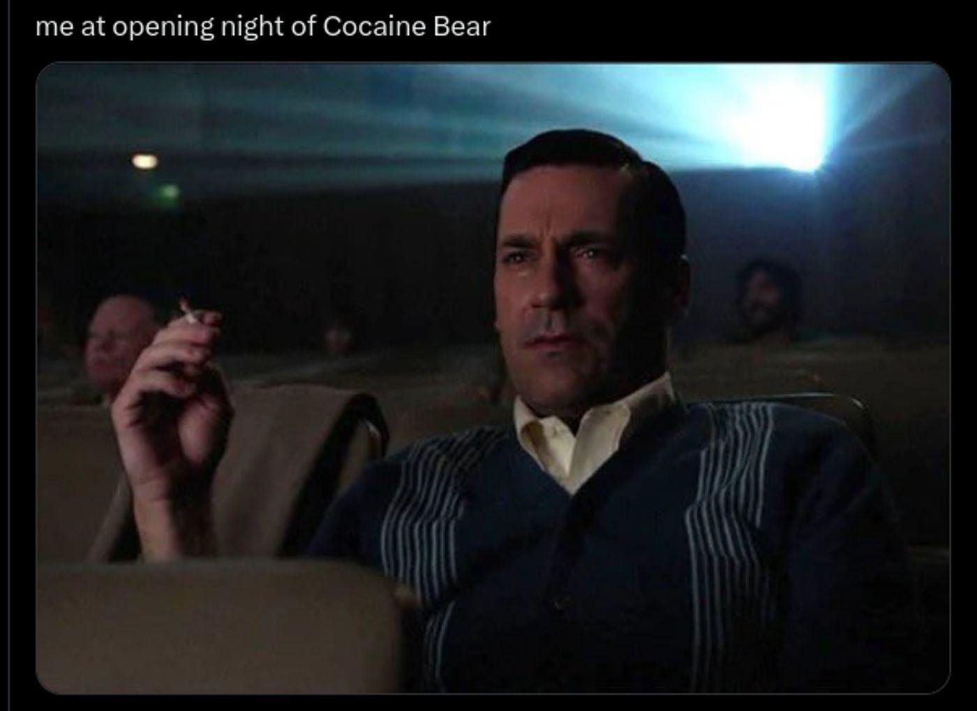 Cocaine Bear Twitter meme starring Jon Hamm in the movie