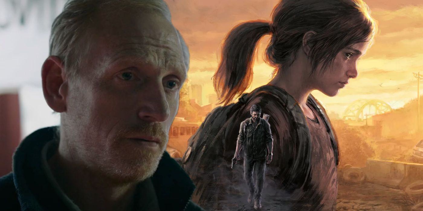 Scott Shepherd as David in Episode 8 of The Last of Us, next to a poster for The Last of Us Part 1