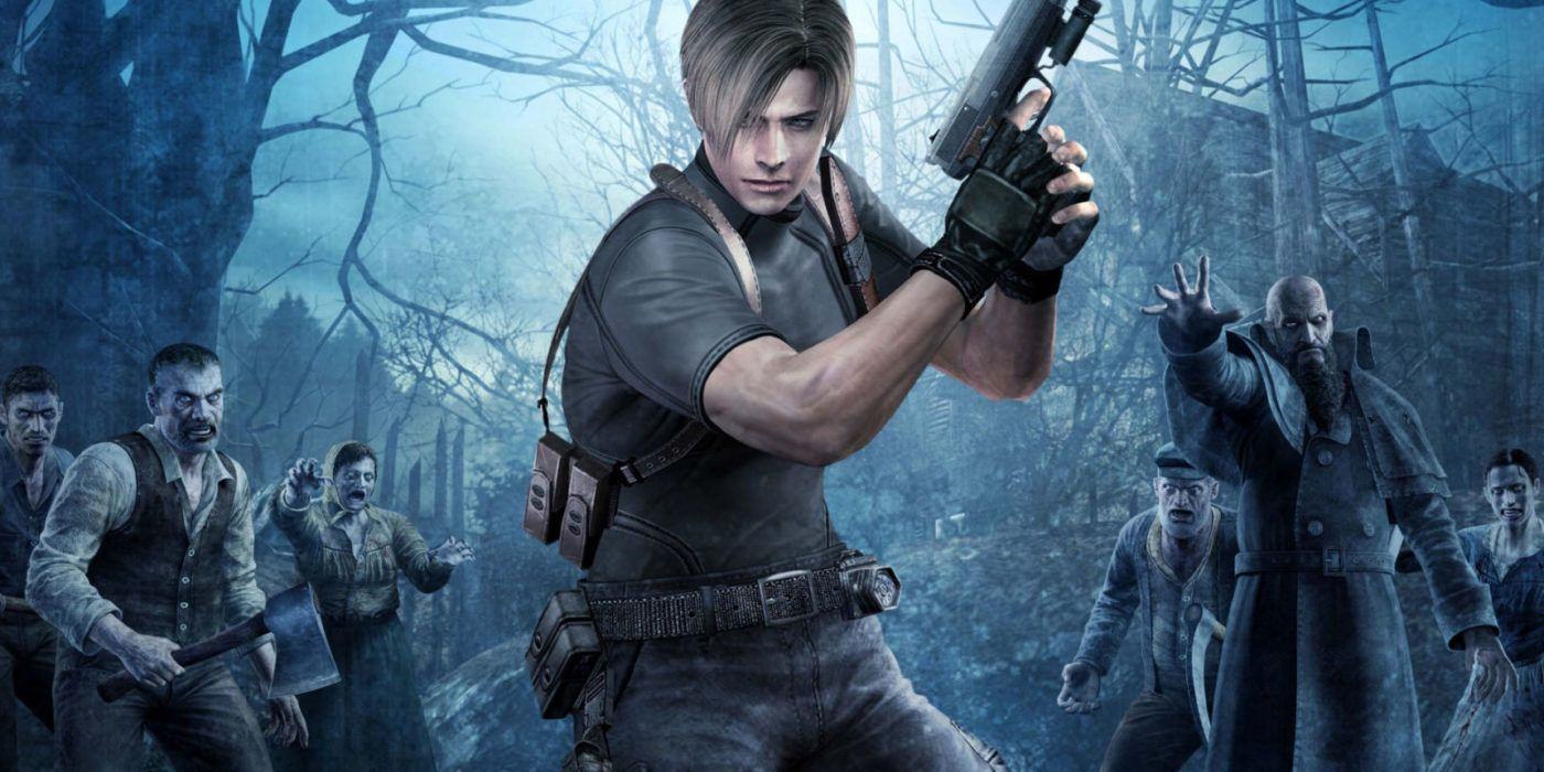 In Resident Evil 4, Leon S. Kennedy wields a pistol while zombies stalk him.