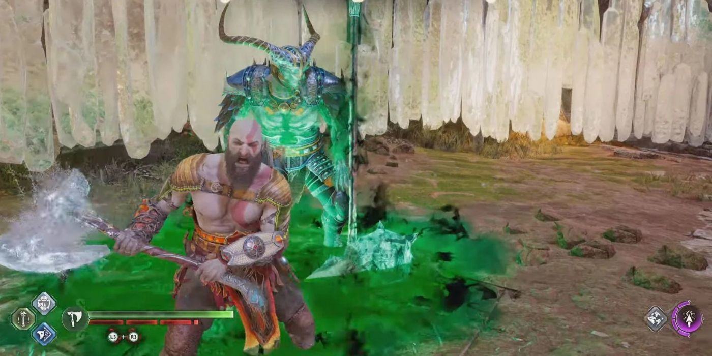 Kratos takes on a bearded Hacklang in a rocky and muddy environment in God of War: Ragnarok.