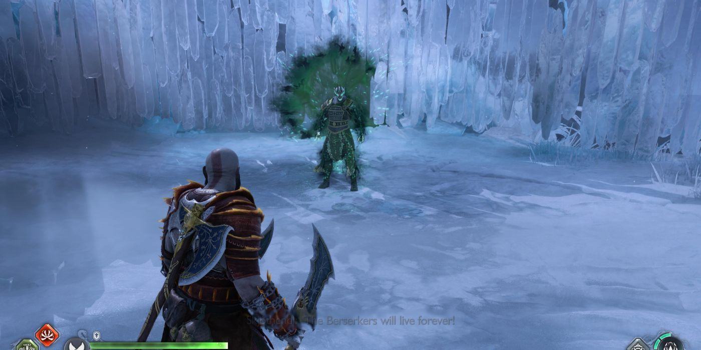 Kratos confronts Skjothendi the Unerring in God of War: Ragnarök Berserker fighting in icy conditions.