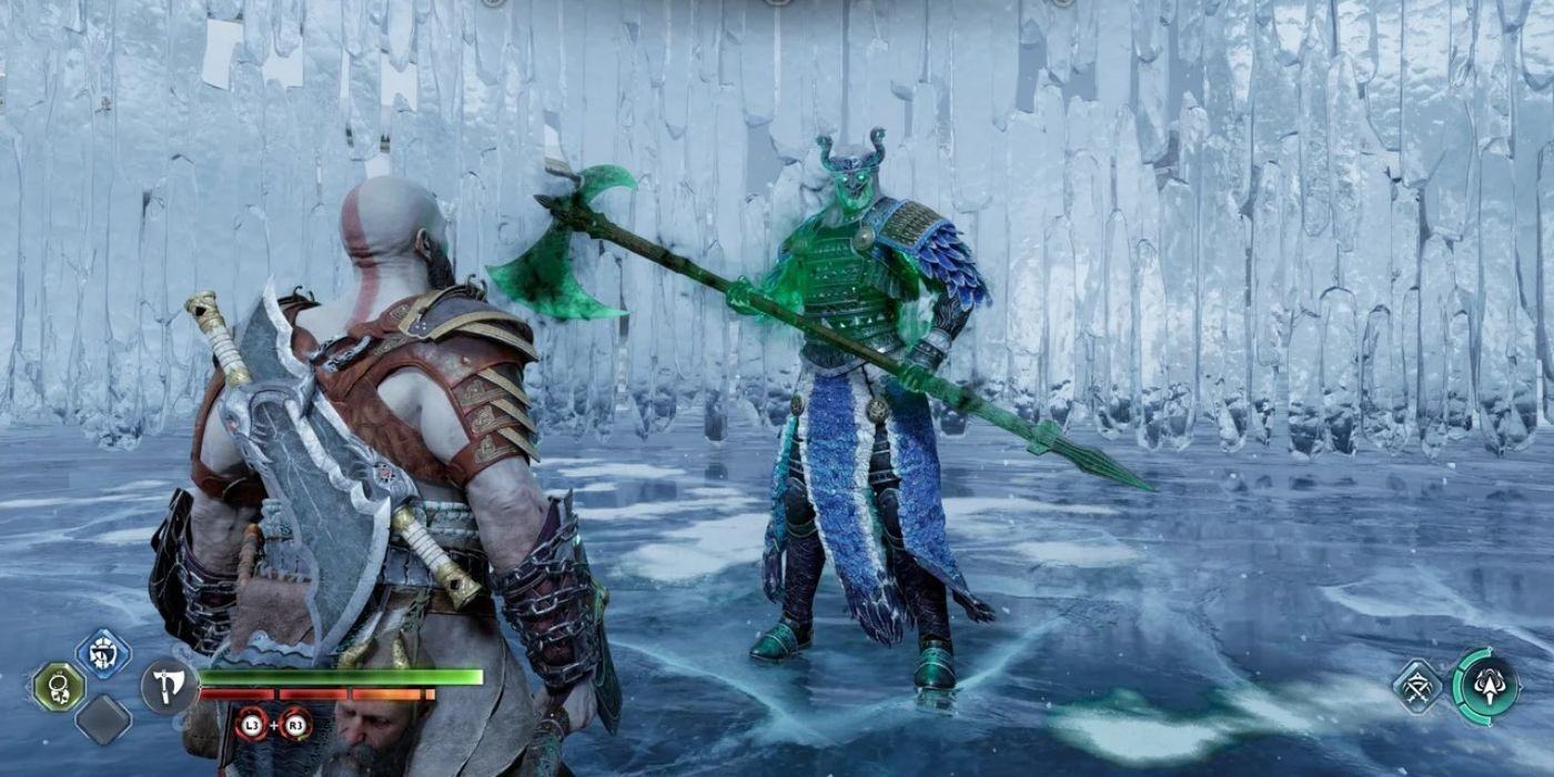 Kratos confronts the fanatical Frachni in God of War: Ragnarok in frenzied combat in the icy environment.
