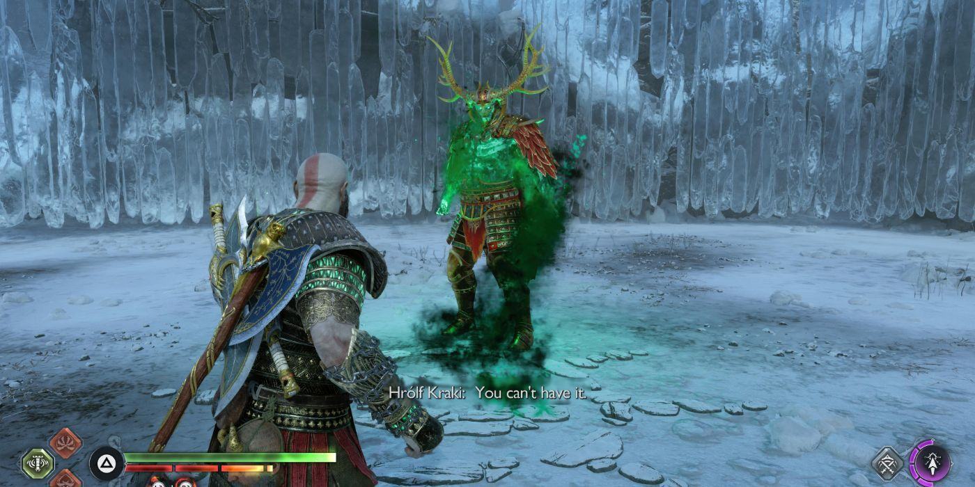 Kratos confronts Hrolf Kraki in God of War: Ragnarök Berserker fighting in a snowy environment.