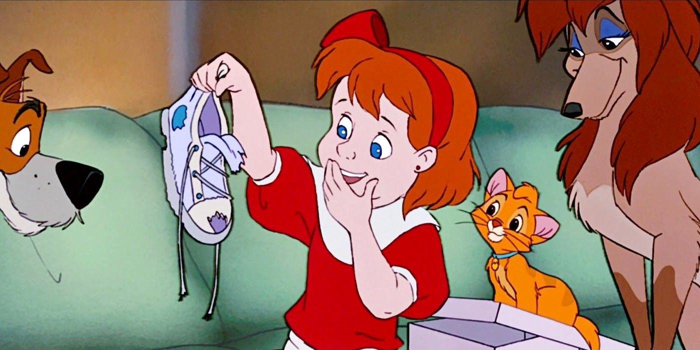                 In Oliver And Company, Jenny holds sneakers surrounded by her pet