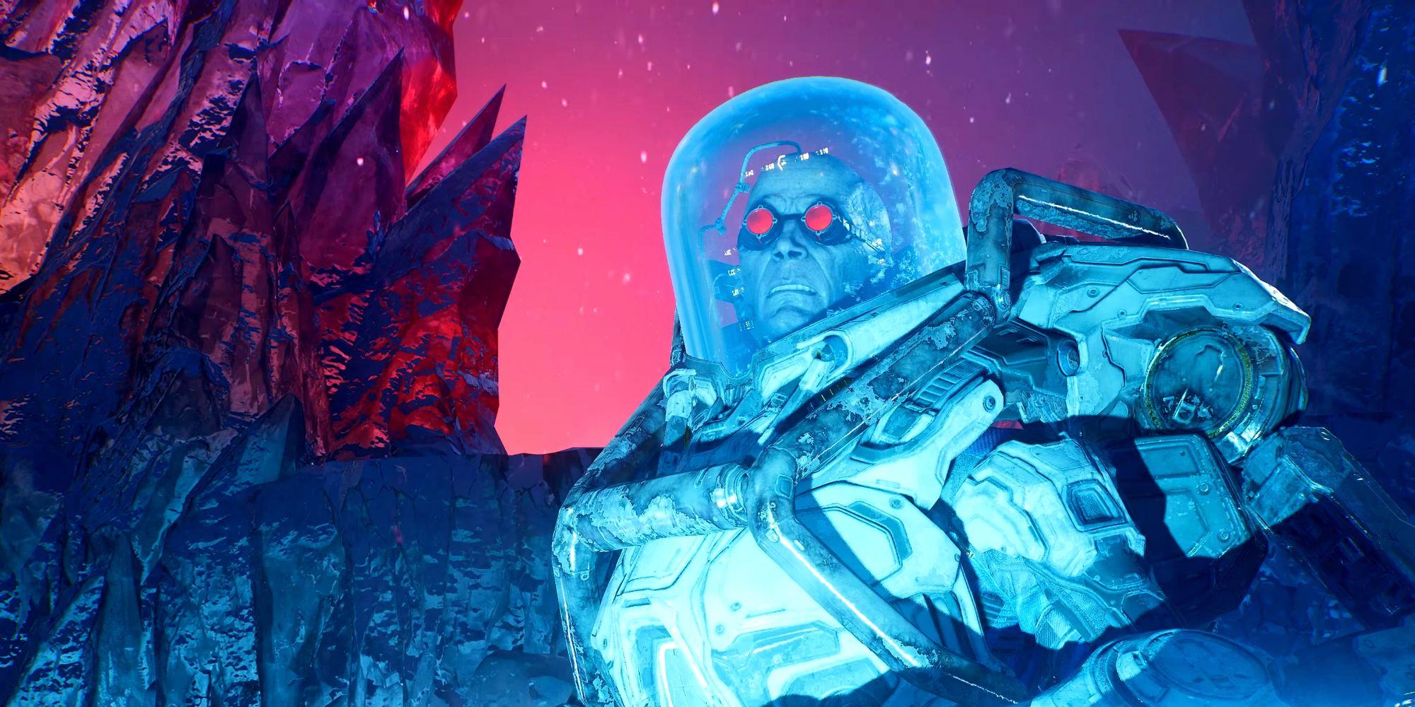 In Gotham Knights, Mister Freeze is surrounded by her icy fortress.