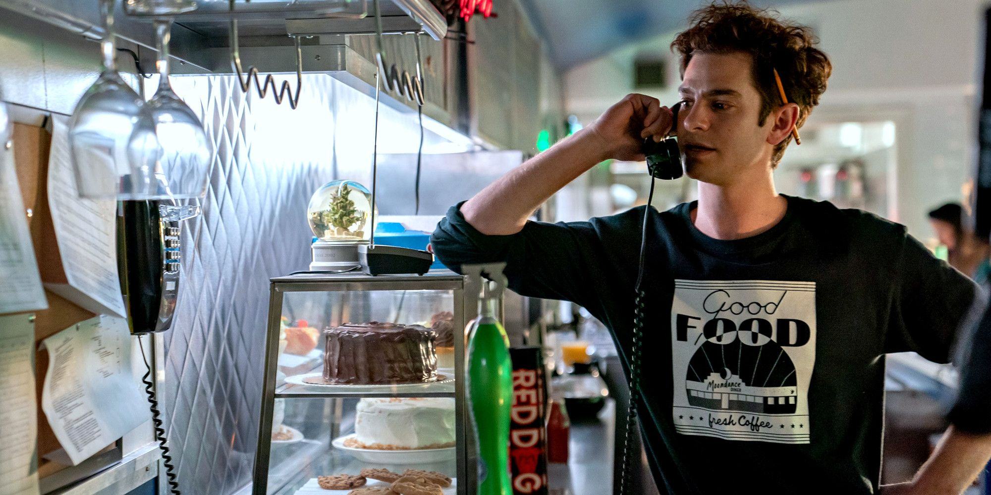 Andrew Garfield as Jonathan Larson on the phone