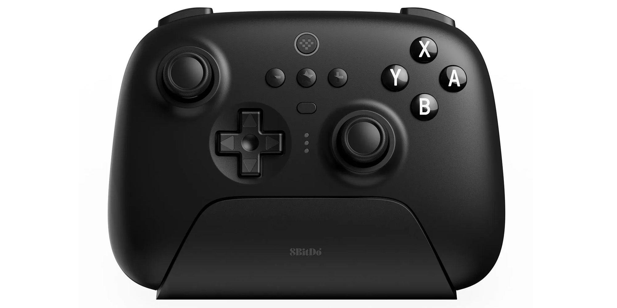 Black Ultimate 8BitDo Bluetooth controller in the charging dock.