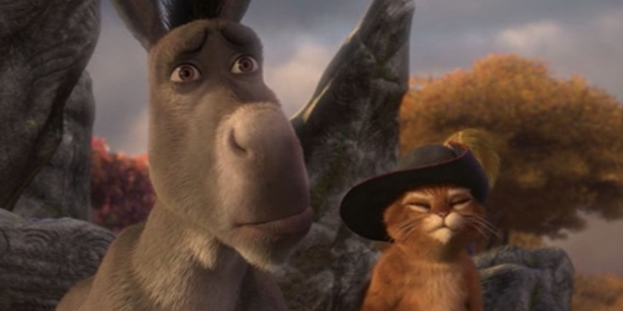 Shrek 3: Puss in Boots and Donkey hold hands as Merlin casts his spell