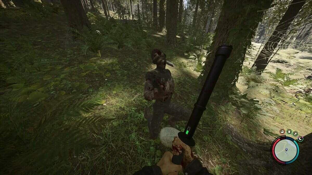 Children of the Forest players use electric batons against cannibals in a summer forest.