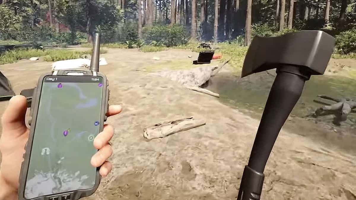 Players in Children of the Forest are equipped with GPS and a modern ax.