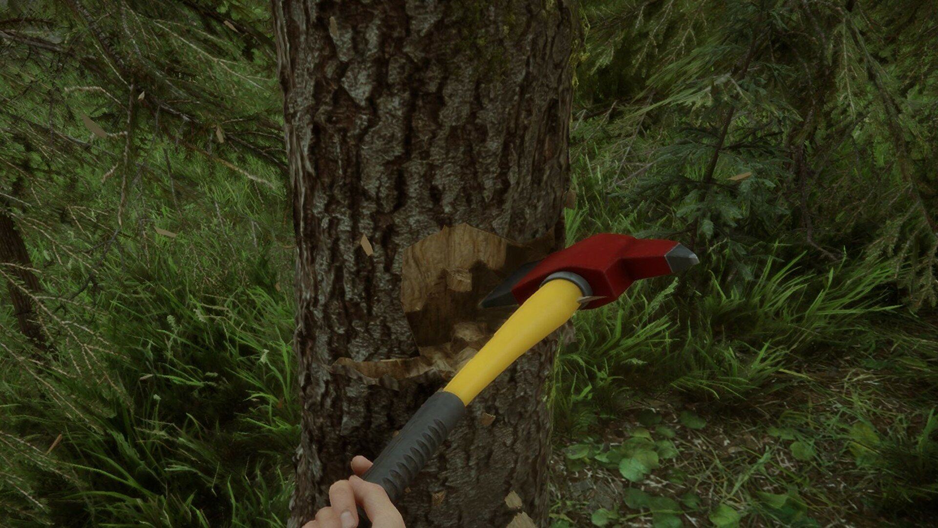 Players use fire axes to cut down trees in Children of the Forest.