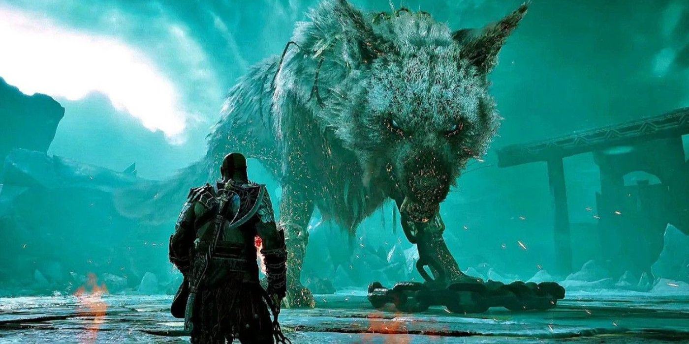 Image of Kratos fighting Wolf Garm in Ragnarok.