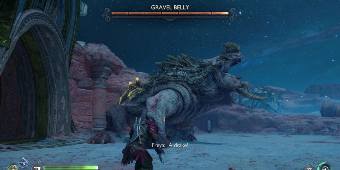 Kratos prepares to fight giant reptile boss Grave Belly in Ragnarok