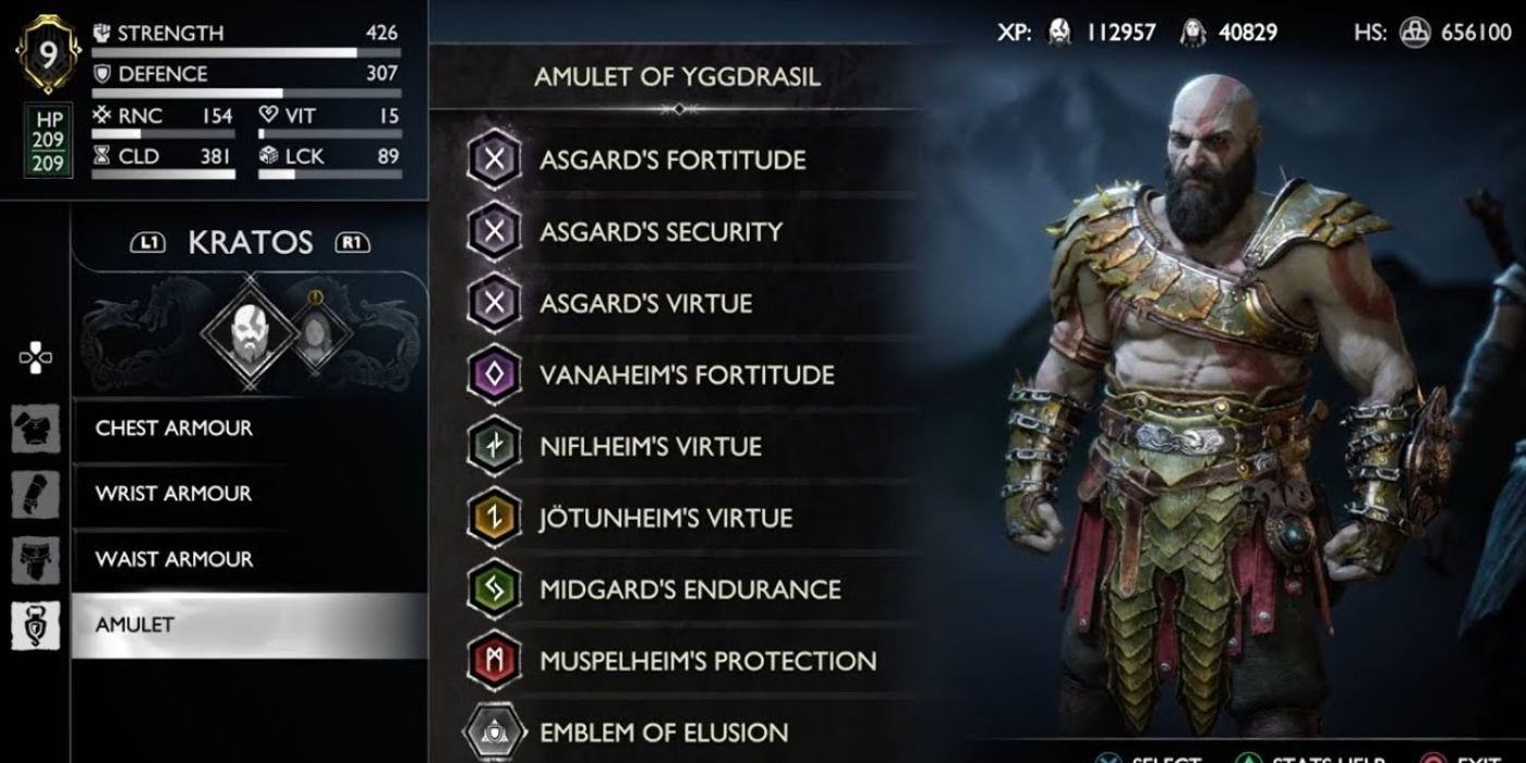 Menu screen showing Kratos equipped with magic in God of War Ragnarok