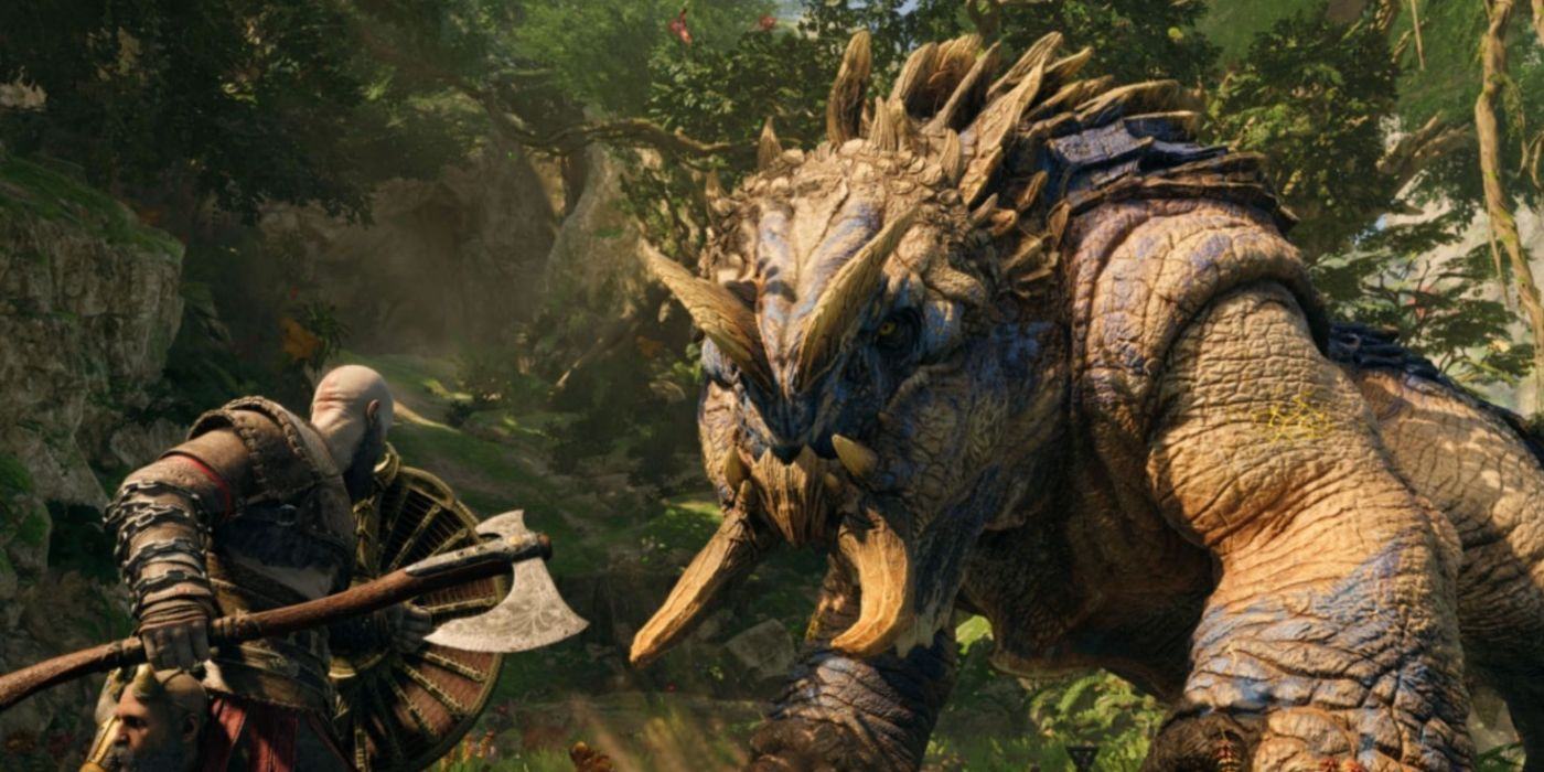 Kratos battles the horned reptile boss Slag Horn in God of War Ragnarok.