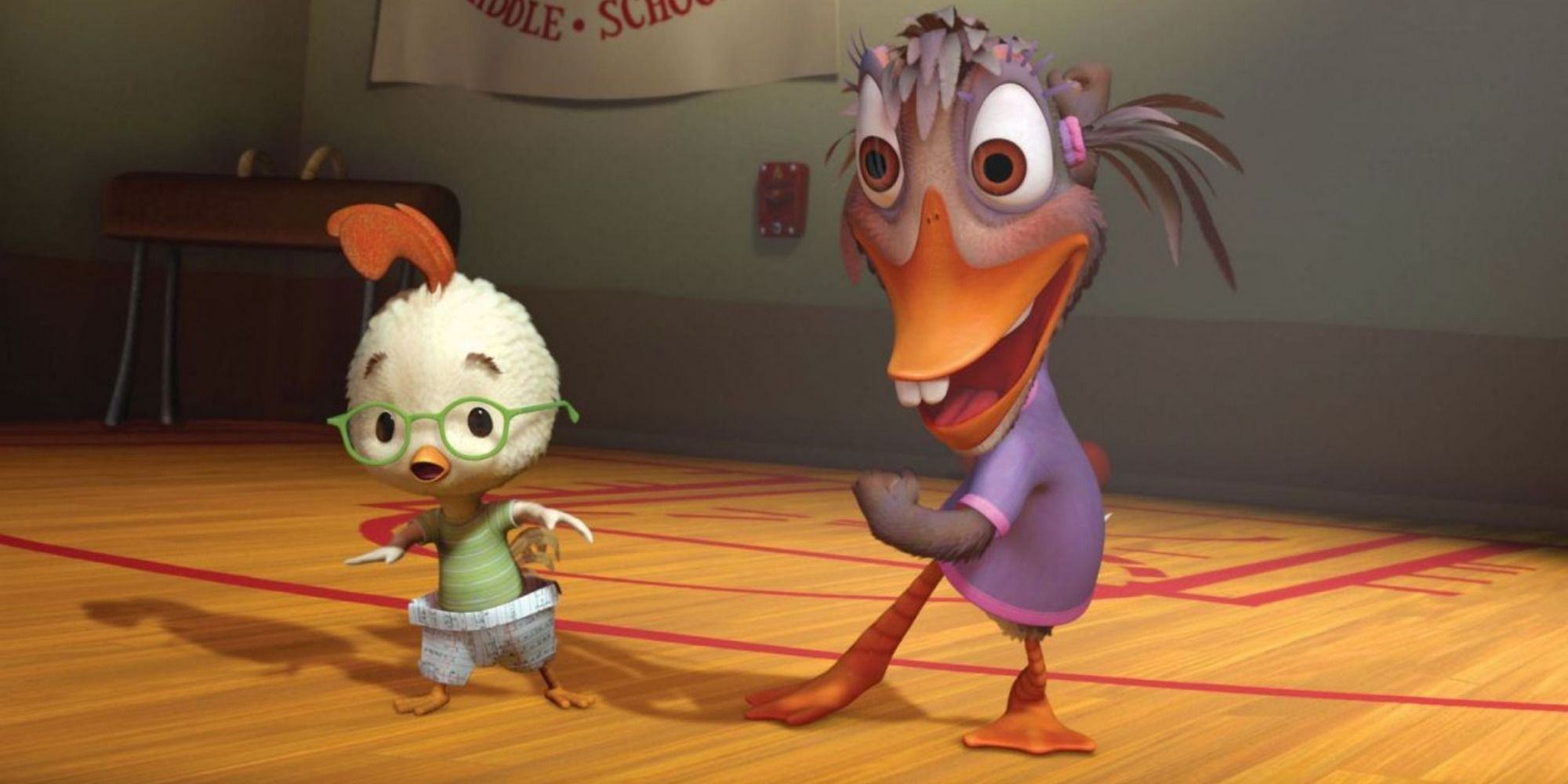 Screenshot of Chicken Little and Abby Mallard in the middle of a dodge ball from Chicken Little (2005)