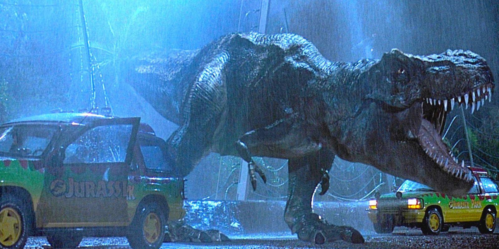 Rexy the T-Rex from Jurassic Park roaring in front of the jeeps