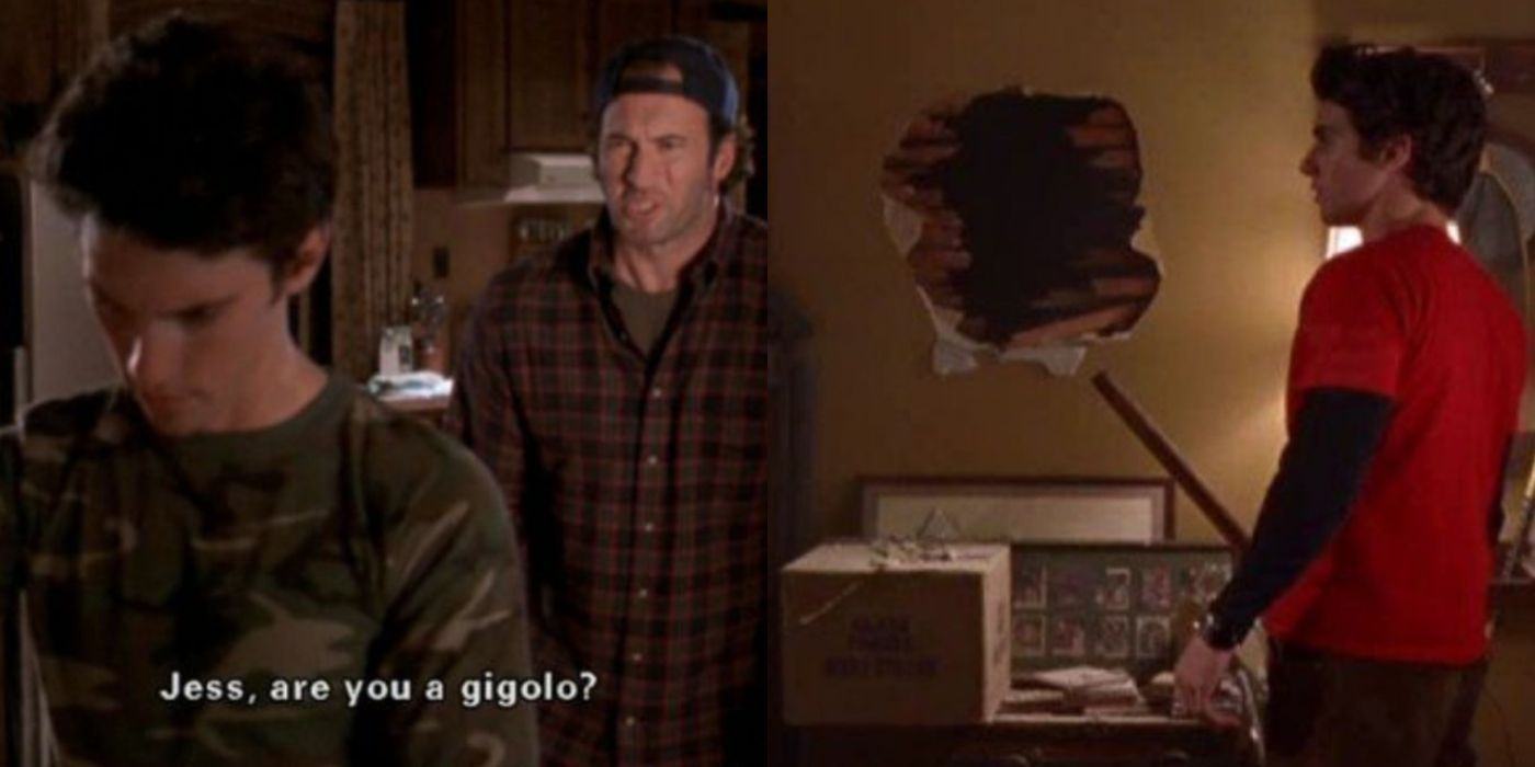 Split image of Luke and Jess fighting at home in Gilmore Girls