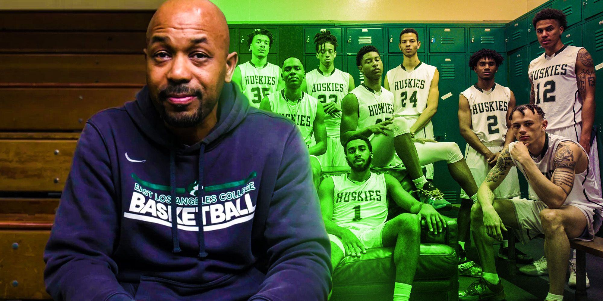                 Mixed image of Coach Mosley and the basketball team from Last Chance U Basketball