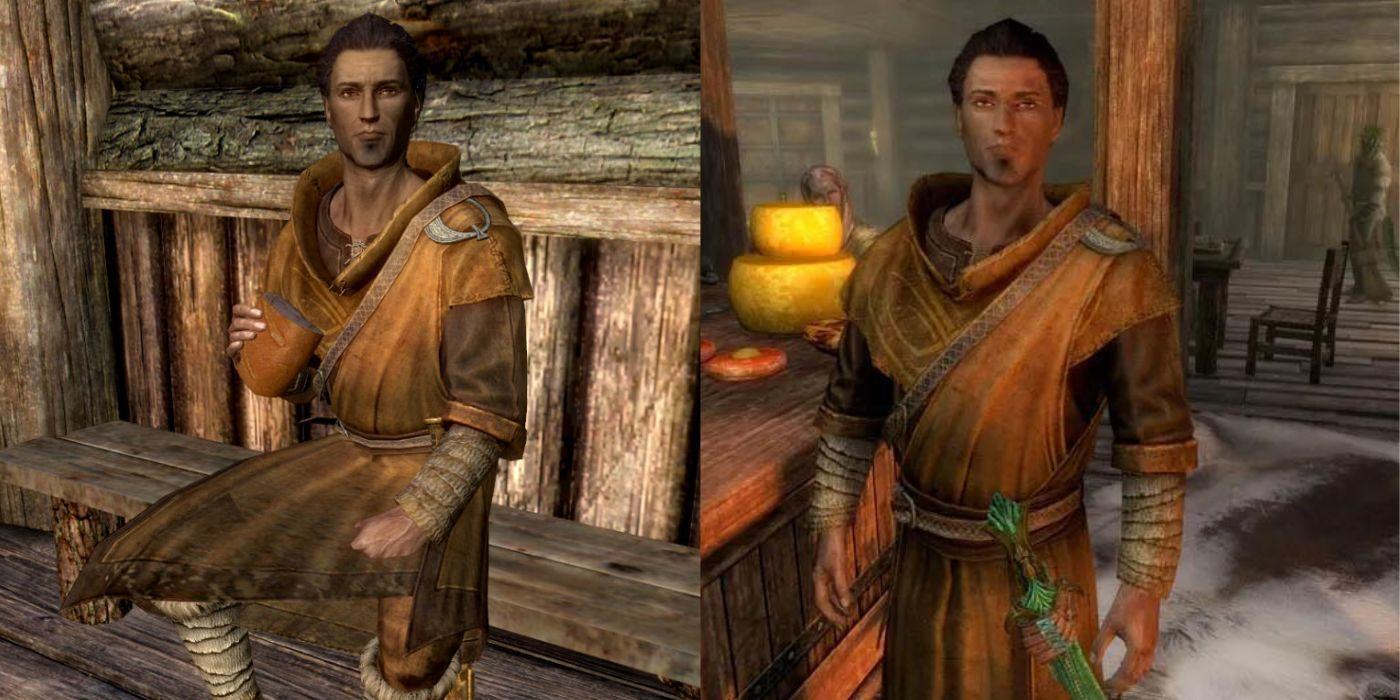 On the left is an image of Marcurio sitting on a bench eating bread, and on the right is an image of him standing with a sword at his belt.