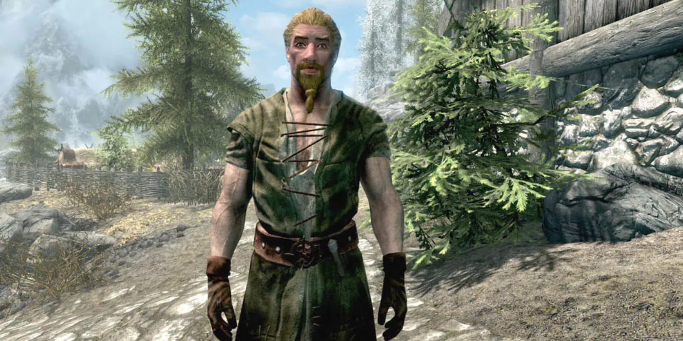 Roggi Knot-Beard from Skyrim stands outside in overalls.