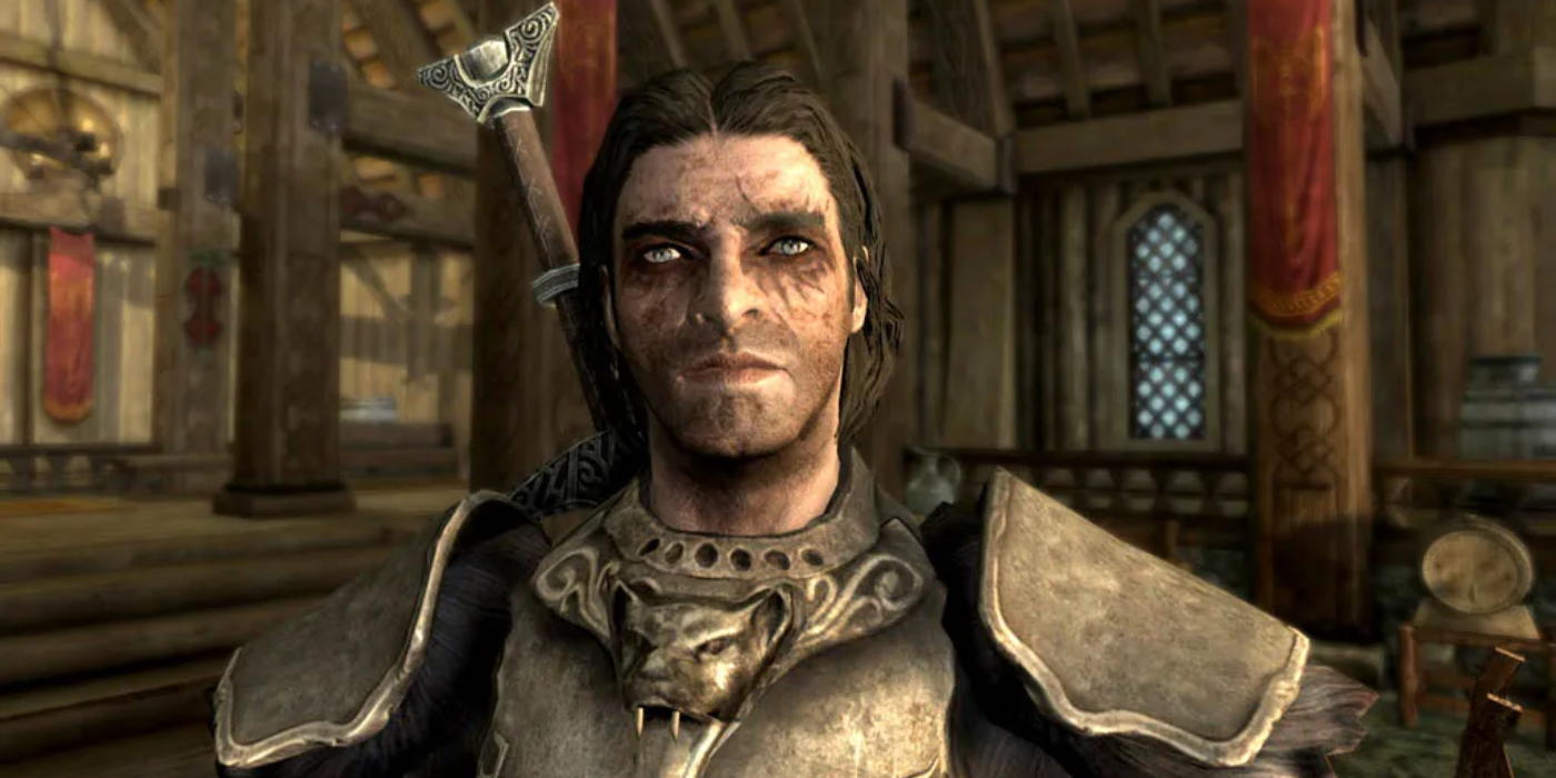 Close-up of Vilkas in Skyrim, looking serious in Jorrvaskr.