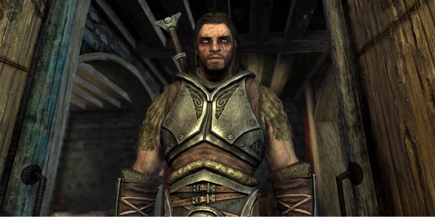 Farkas of Skyrim looks down at the player, clad in armor and fur, with a normal expression.