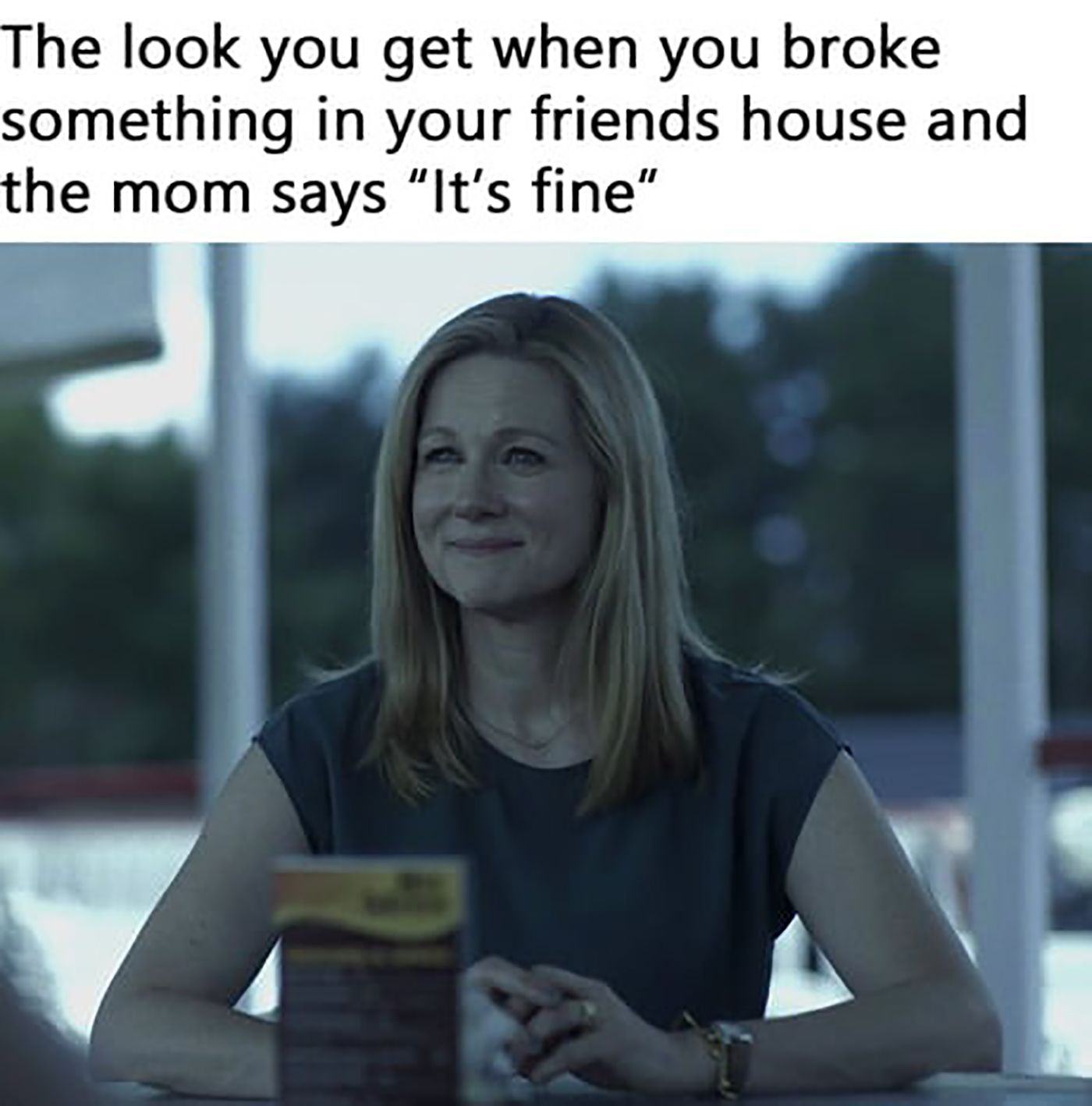 Wendy from Ozark fakes a smile in the meme.