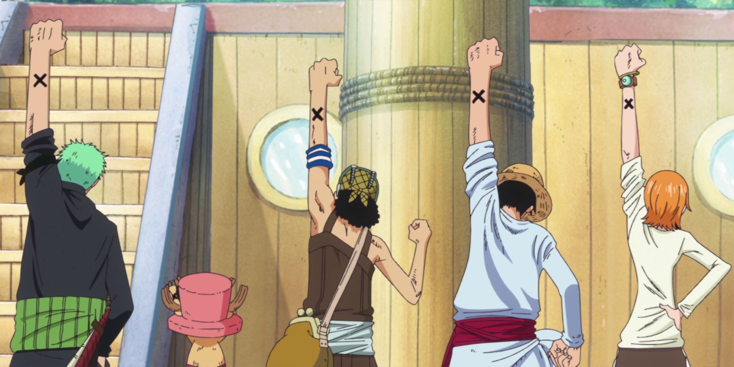 The crew let Alabasta hold hands in the air, with the X tattoo from One Piece