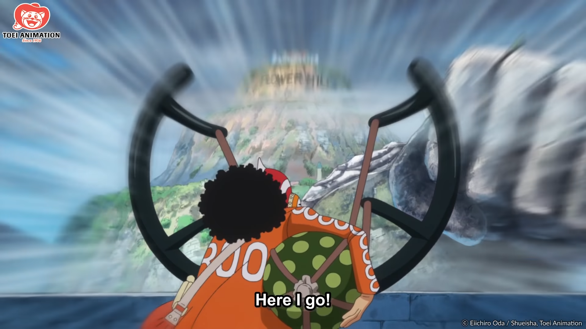 A scene from the One Piece anime shows Usopp preparing to shoot from a distance with his giant slingshot.  His goal is in a tall castle in front of him.