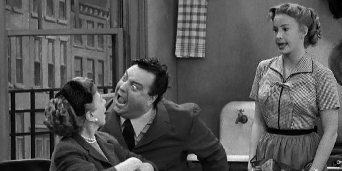 Jackie Gleeson as Ralph Cramden, scolding his mother-in-law while Alice (Audrey Meadows) prepares to interrupt