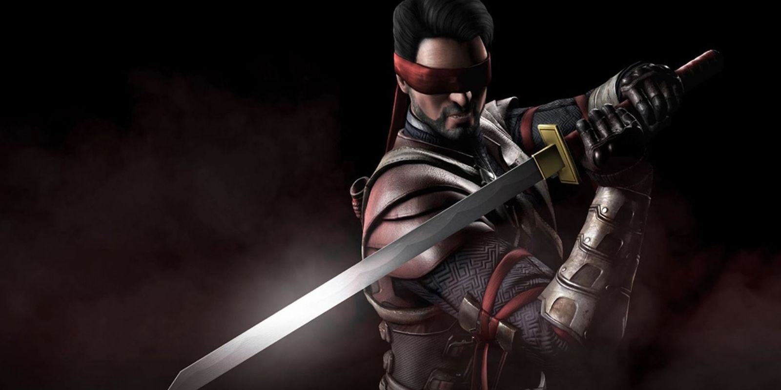 Kenshi from Mortal Kombat, with a red hood over his eyes and a sword in his hand.