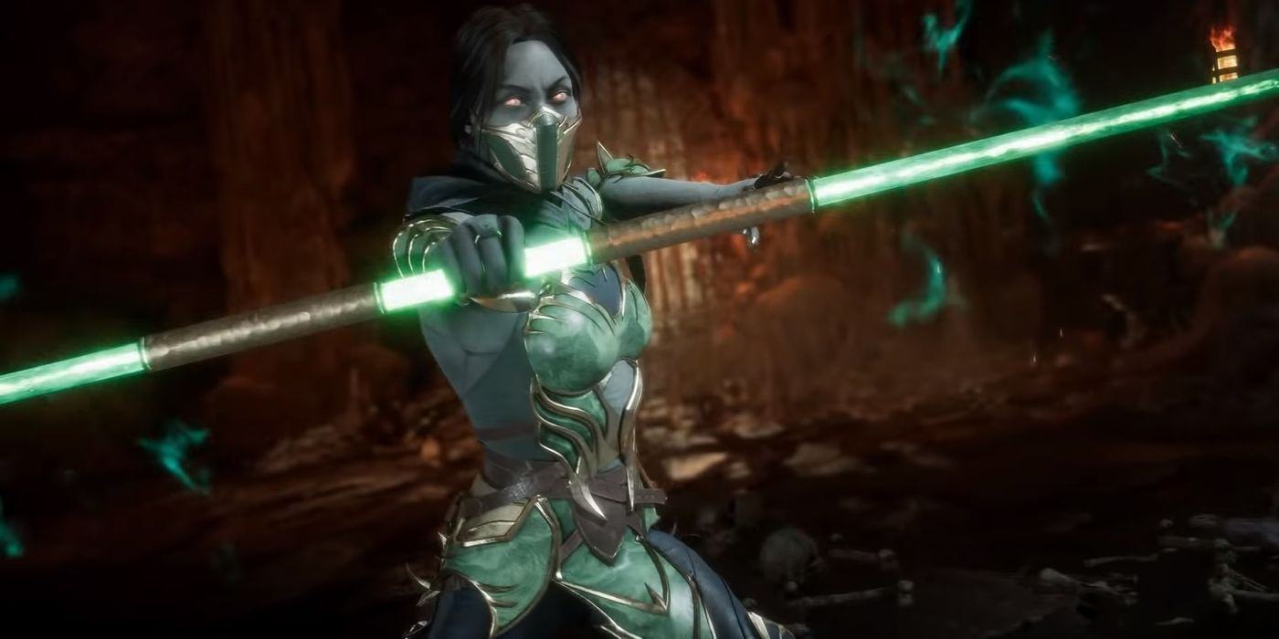 Mortal Kombat's Jade wields his glowing green staff.