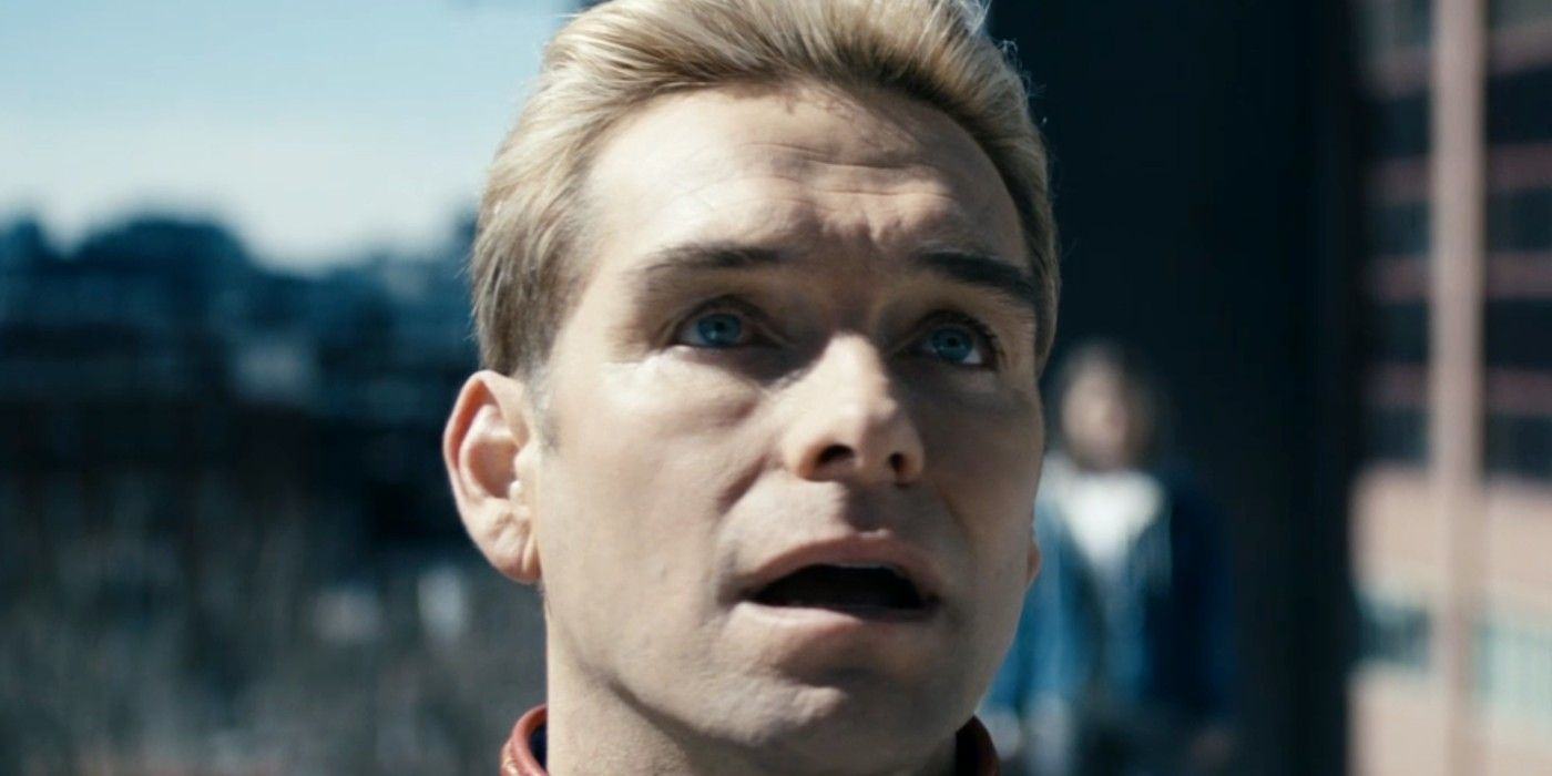 Antony Starr as Homelander in The Boys is gaping at something