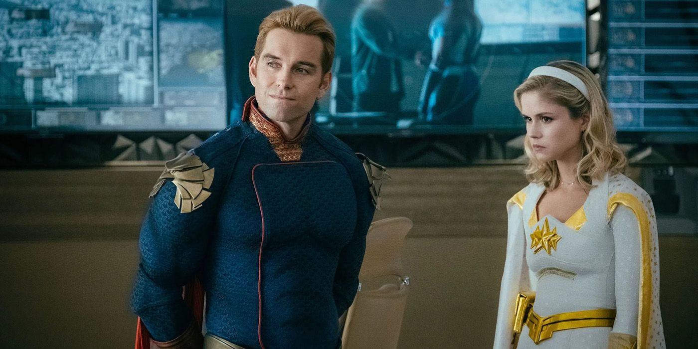 Homelander from The Boys looks smug, and Starlight next to him looks bored.