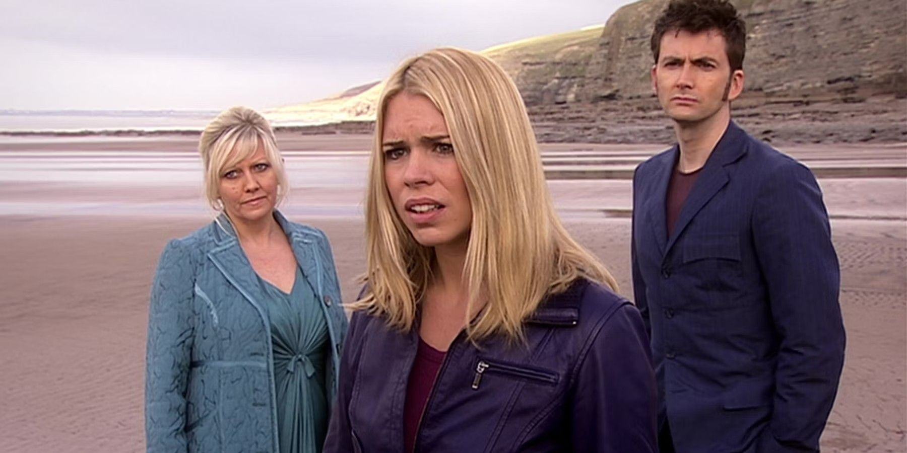 The Doctor, Rose Taylor and Jackie Taylor in Bad Wolf Bay at the end of the journey