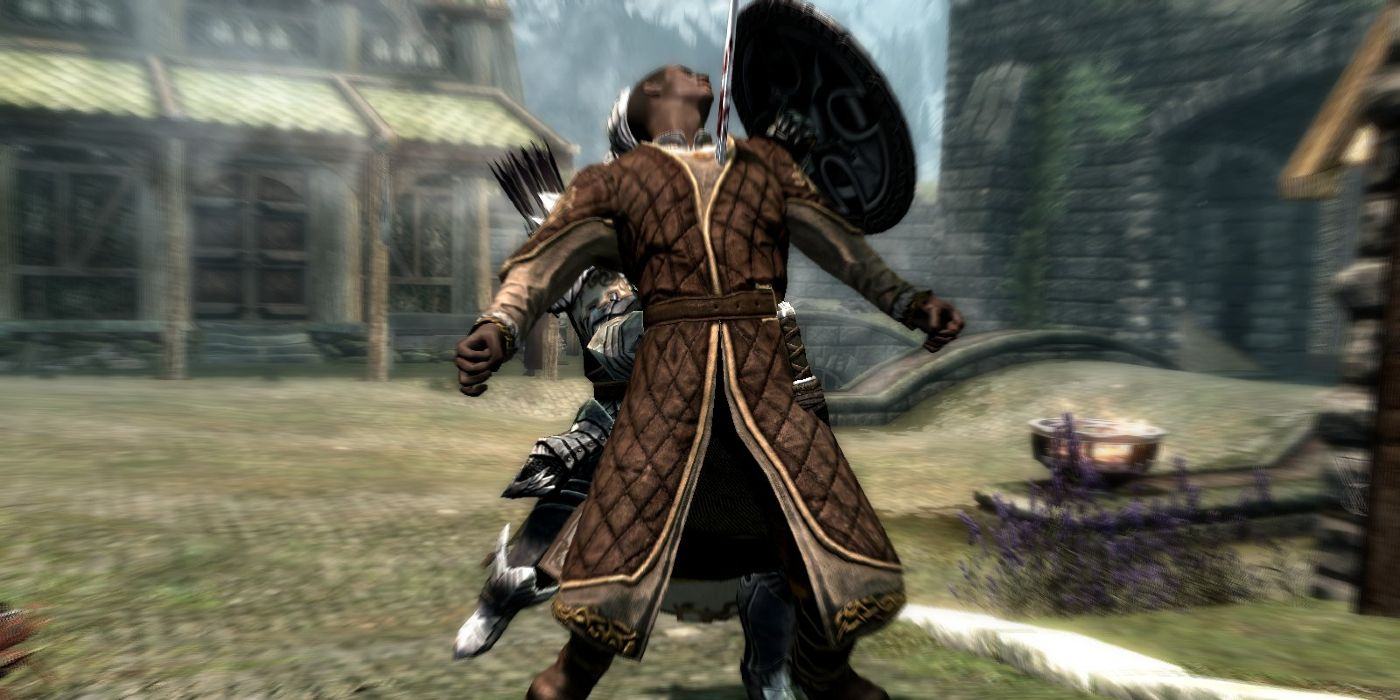 Nazeem from Skyrim, stabbed through the back with a sword.