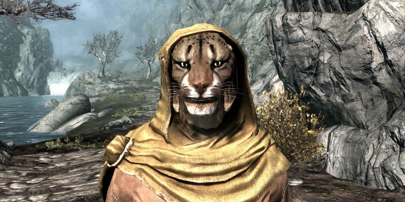 An image of M'aiq the Liar wandering in Skyrim.
