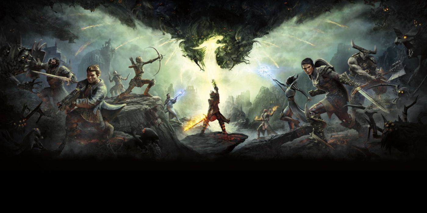 The Dragon Age: Inquisition poster features a cast of characters in battle and a silhouette of a dragon in the sky.