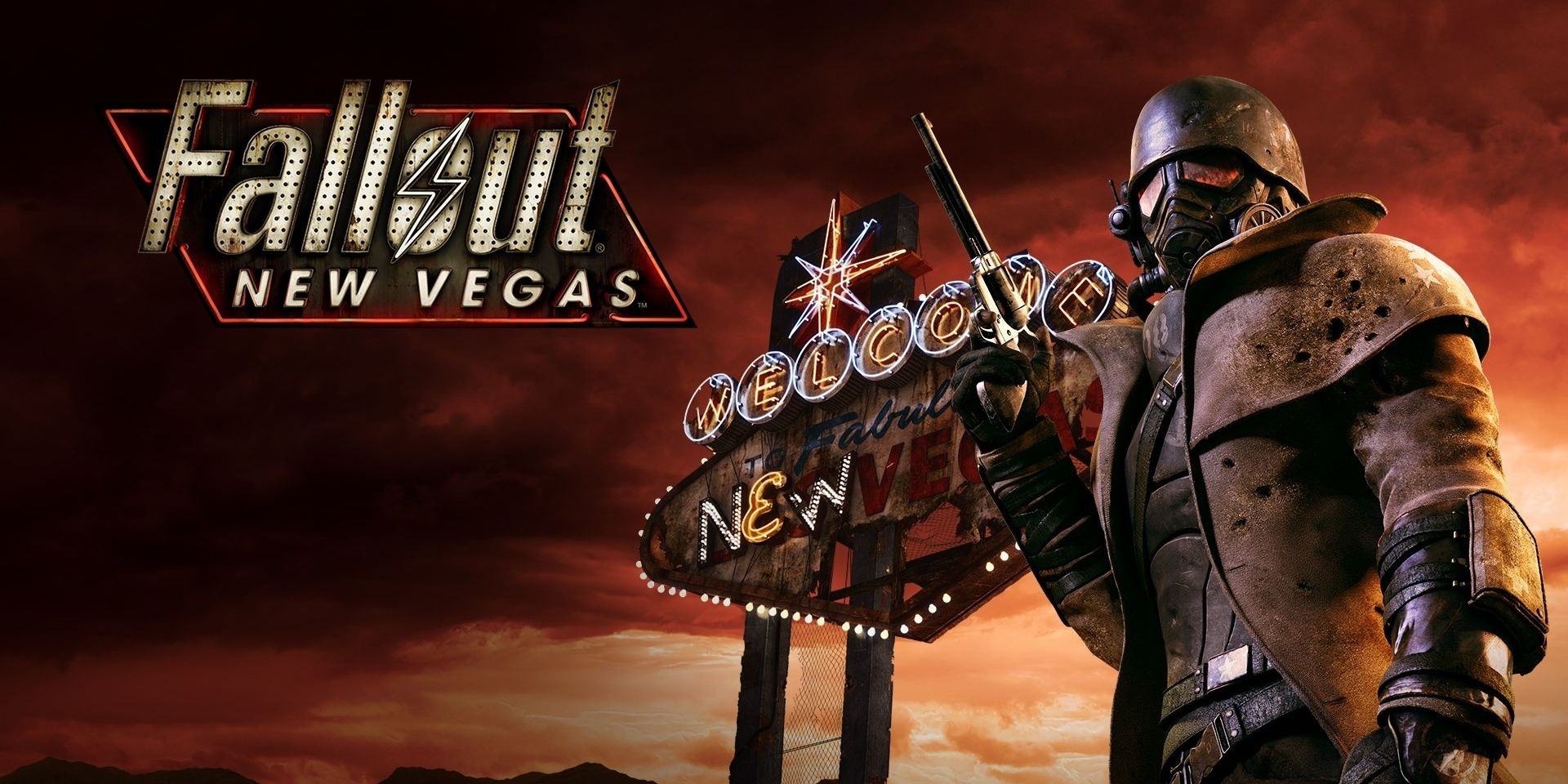 A desert ranger from Fallout: New Vegas poses with a pistol in hand, staring at the city logo behind him and the game logo to the left of the image.