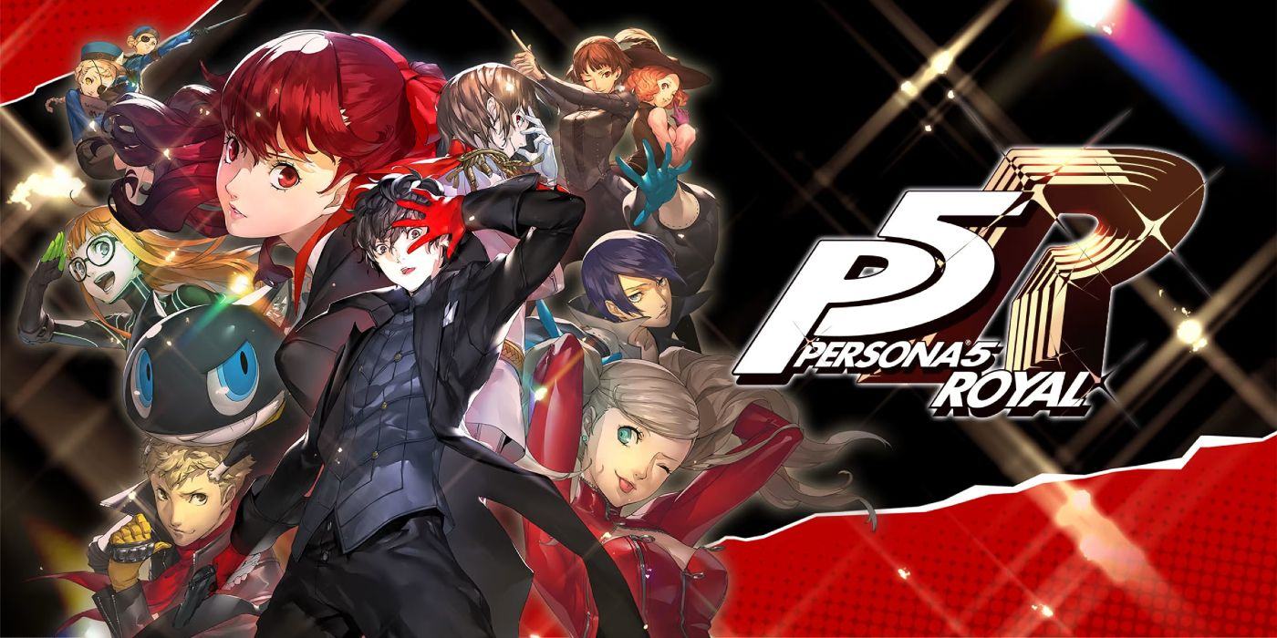 Persona 5 Royal main artboard, showing the game's main cast collection on the left next to the title logo on the right.
