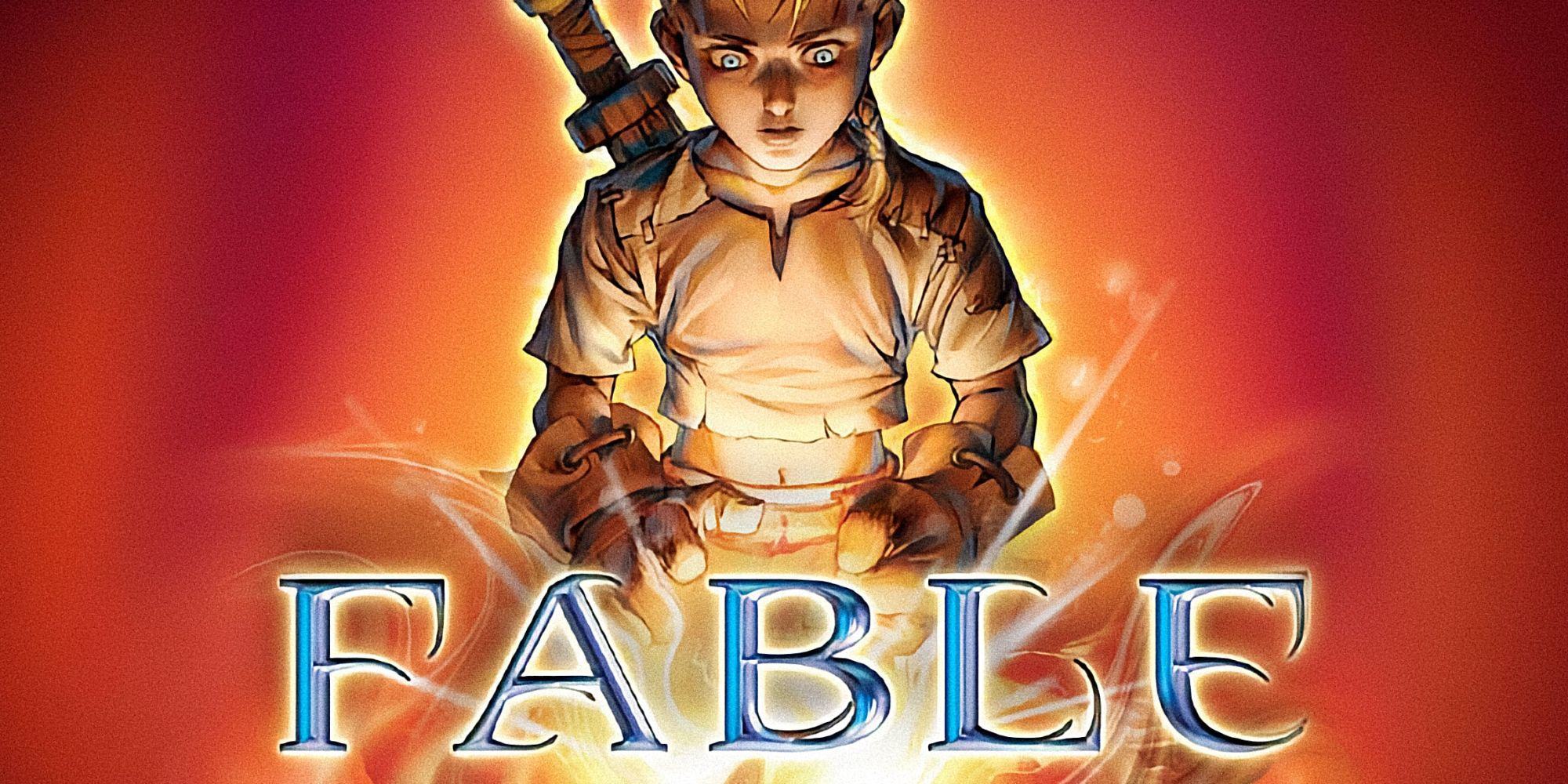 Box shape for the first Fable game, showing the young protagonist looking down at the title figure with a magical light behind it.