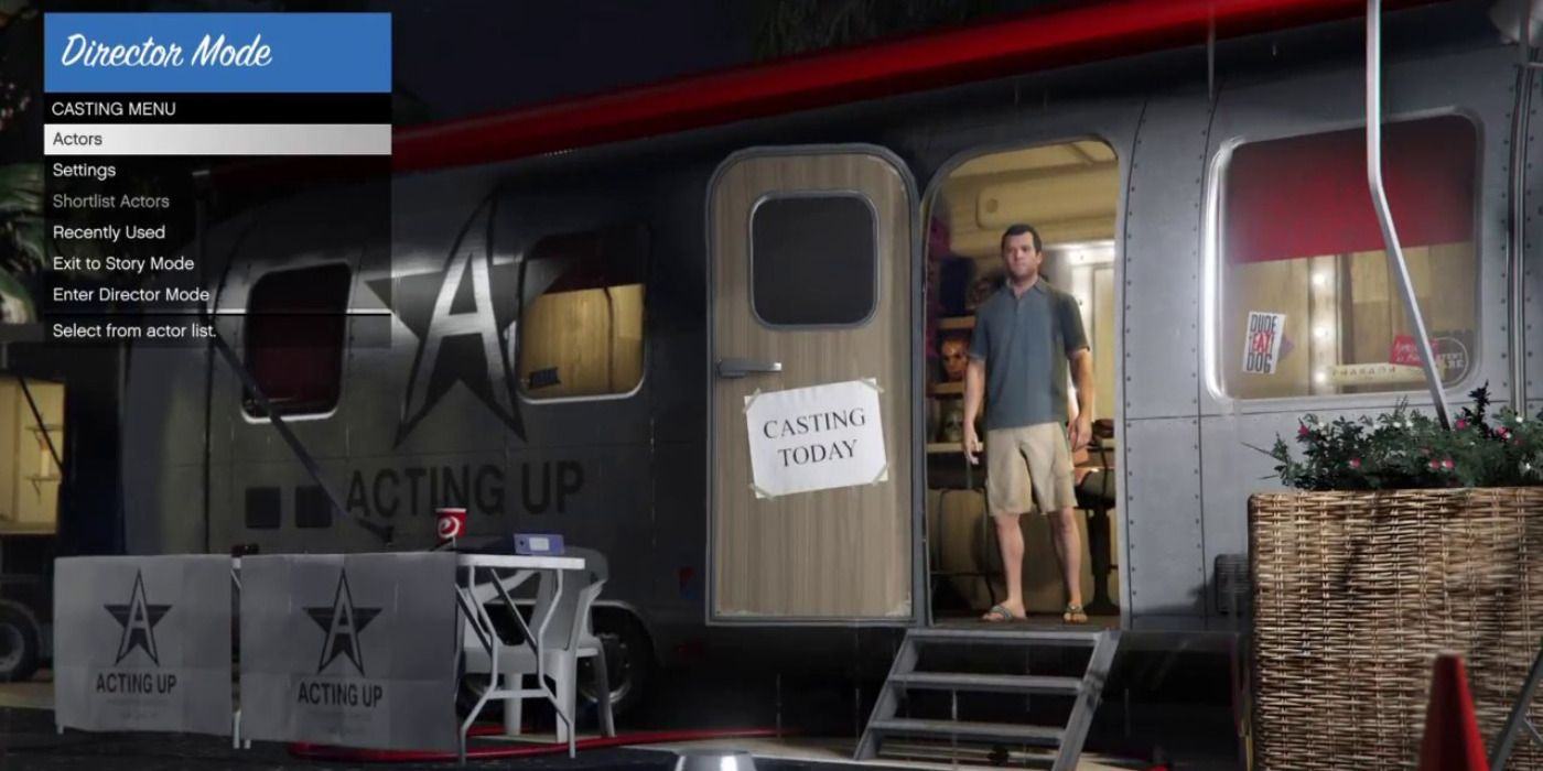 GTA 5's Michael DeSanta stands in front of the trailer in GTA 5 director mode menu screen
