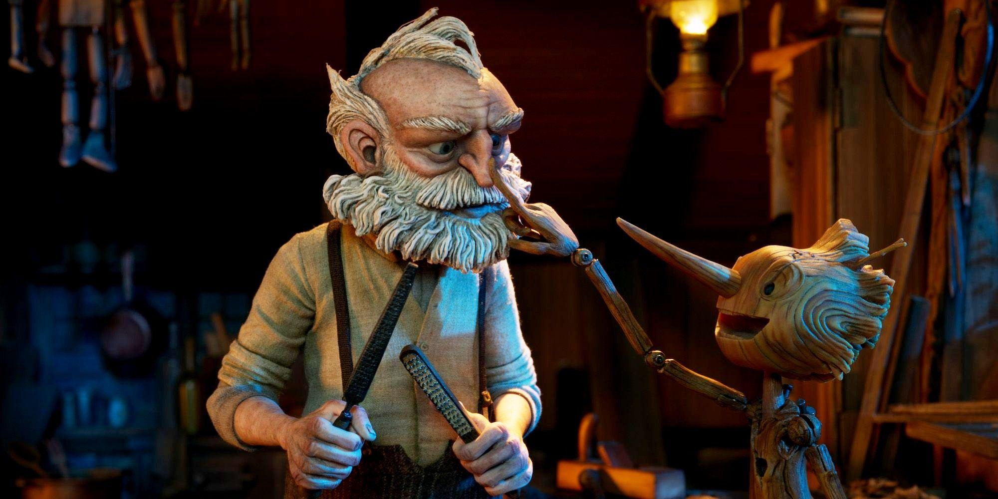 Pinocchio strokes a man's nose in Netflix's Pinocchio