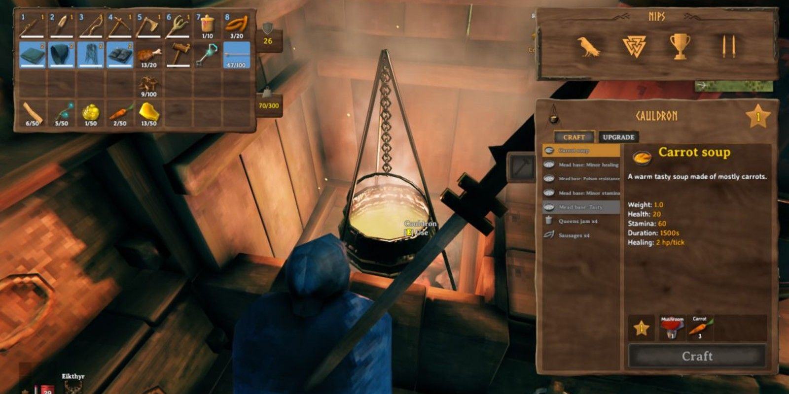 A player cooking on a cauldron in Valheim