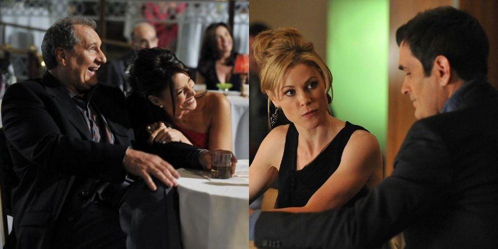 A split image of Jay and Gloria laughing and Claire and Phil sitting at a bar in Modern Family